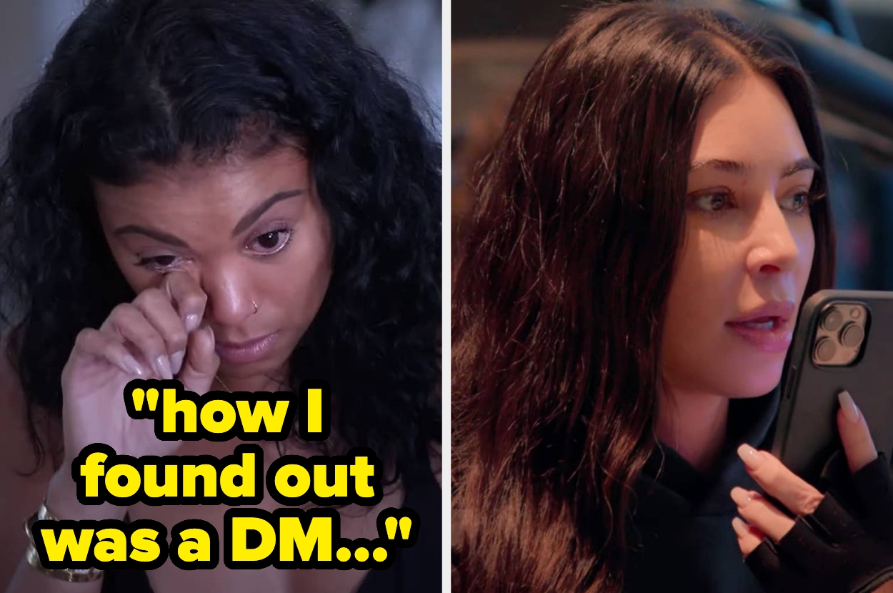 Split image: Left, a woman wipes her eye; text reads, "how I found out was a DM...". Right, a woman holds a phone to her ear