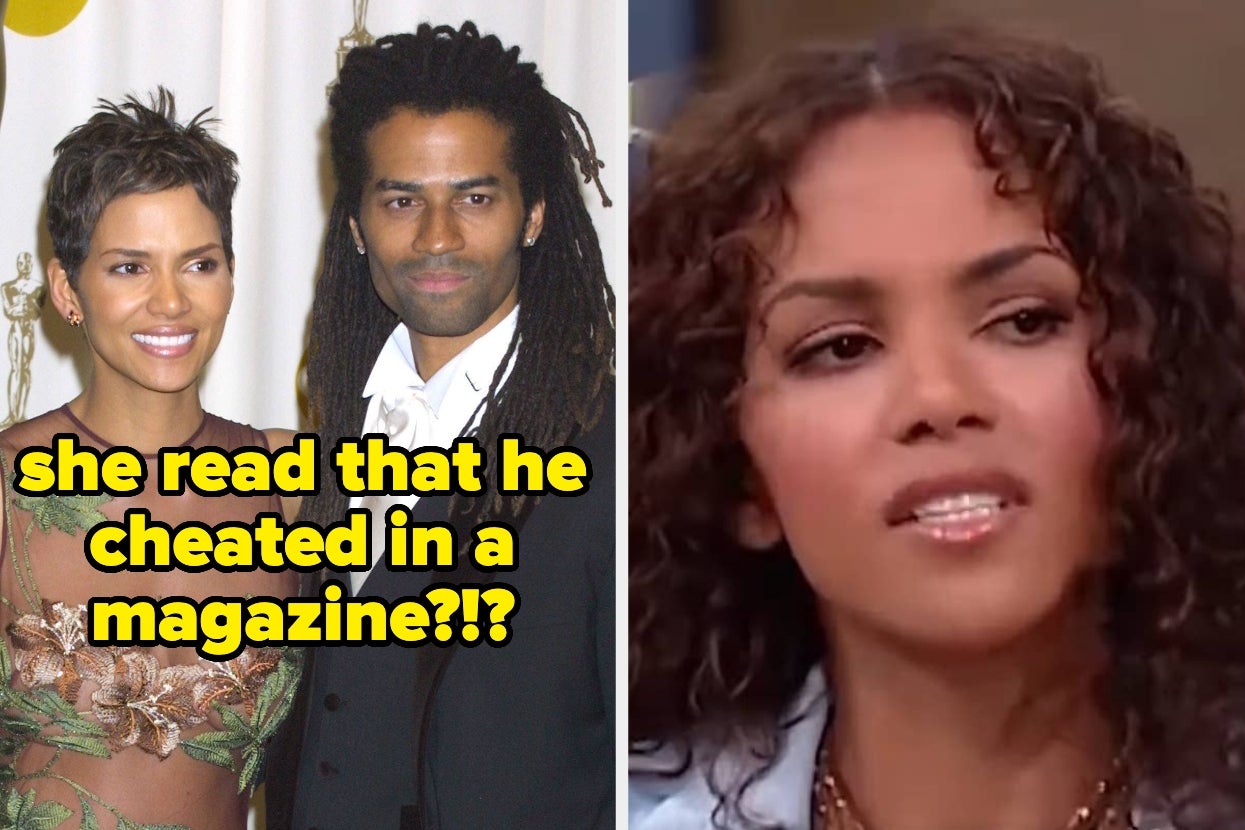 Two images show a woman in a stylish dress with a man, and a close-up of her reacting. Text reads: "She read that he cheated in a magazine?!?"