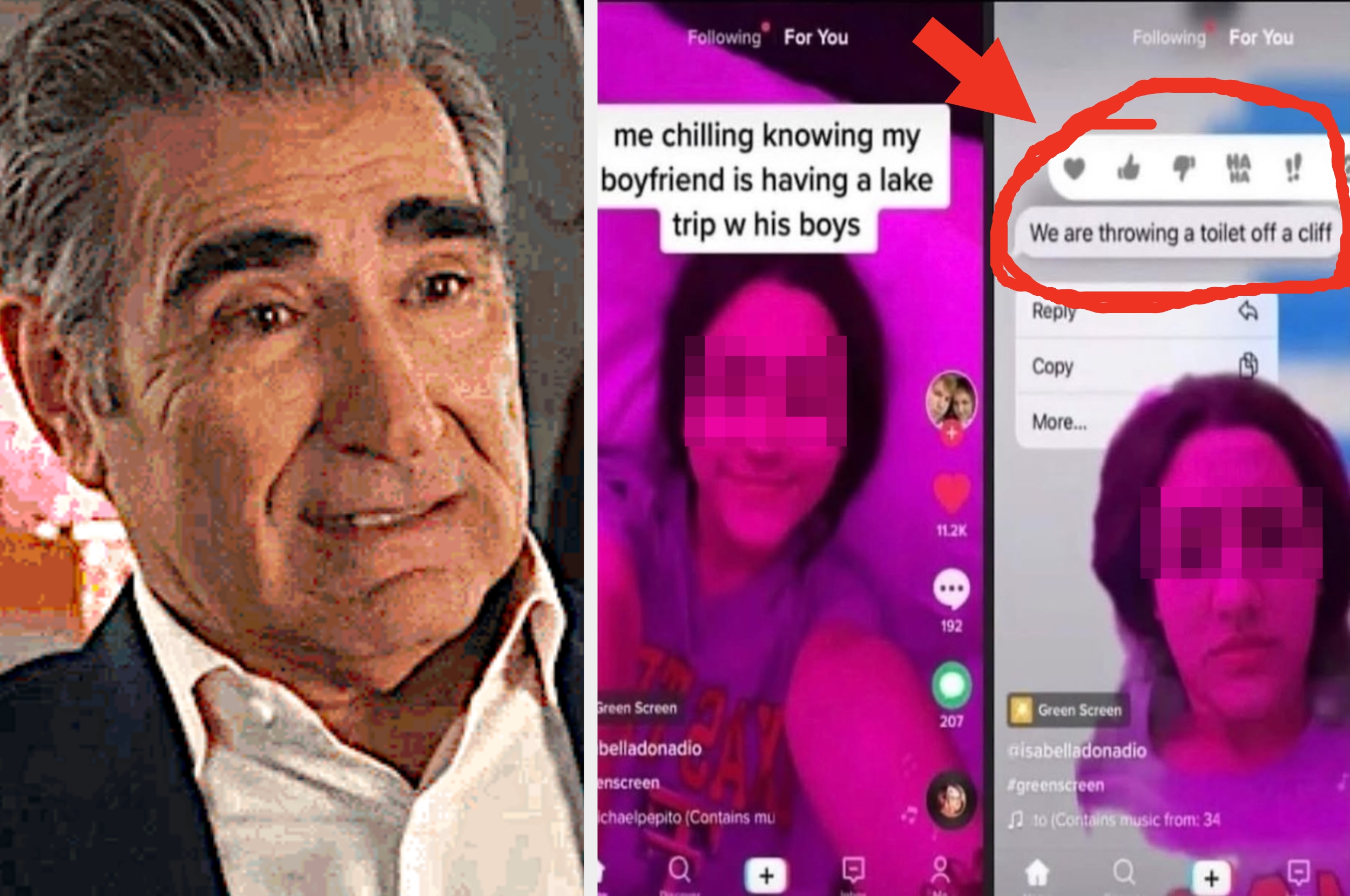 A man looks concerned; two TikTok screenshots show a person joking about throwing a toilet off a cliff