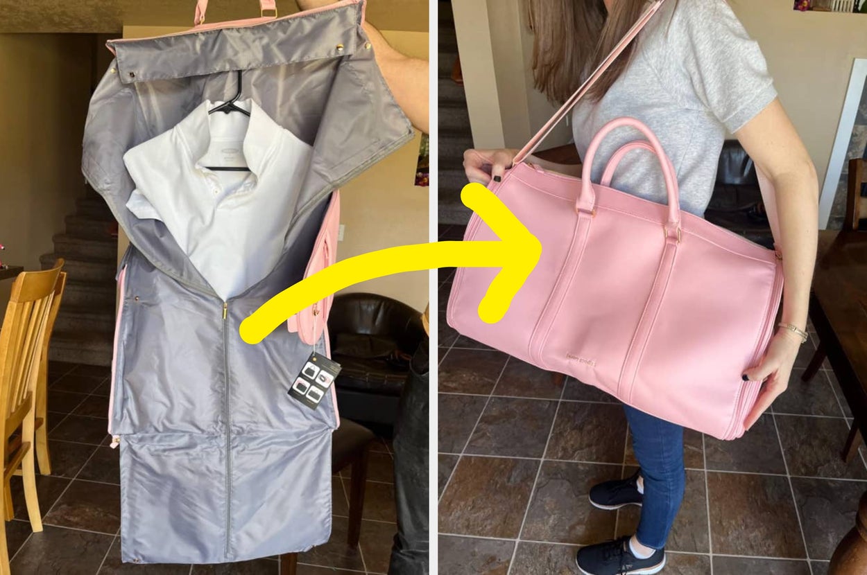 A two-in-one garment and duffel bag is shown; one side holding clothes, the other as a stylish carry-on. Perfect for organized travel