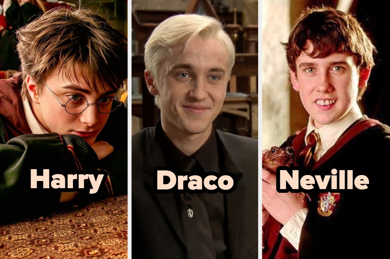 Tres personajes de una película de magia: Harry, Draco, y Neville, cada uno con su estilo distintivo de ropa escolar