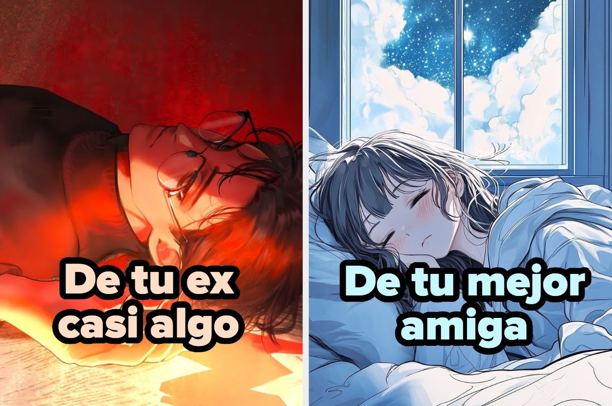 Ilustración dividida: persona acostada con texto "De tu ex casi algo"; persona durmiendo plácidamente con texto "De tu mejor amiga"