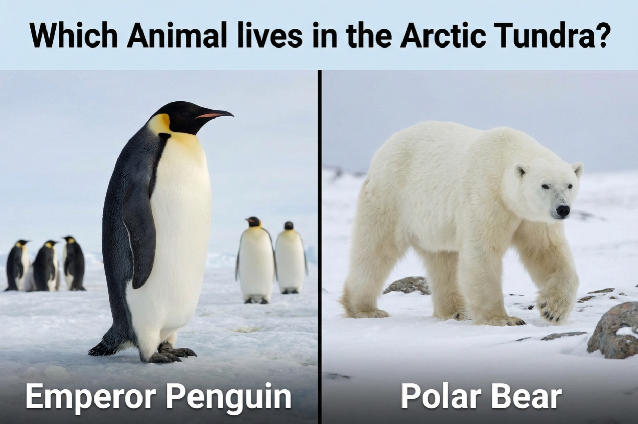 Image comparing an emperor penguin group and a polar bear on ice, asking which lives in the Arctic tundra
