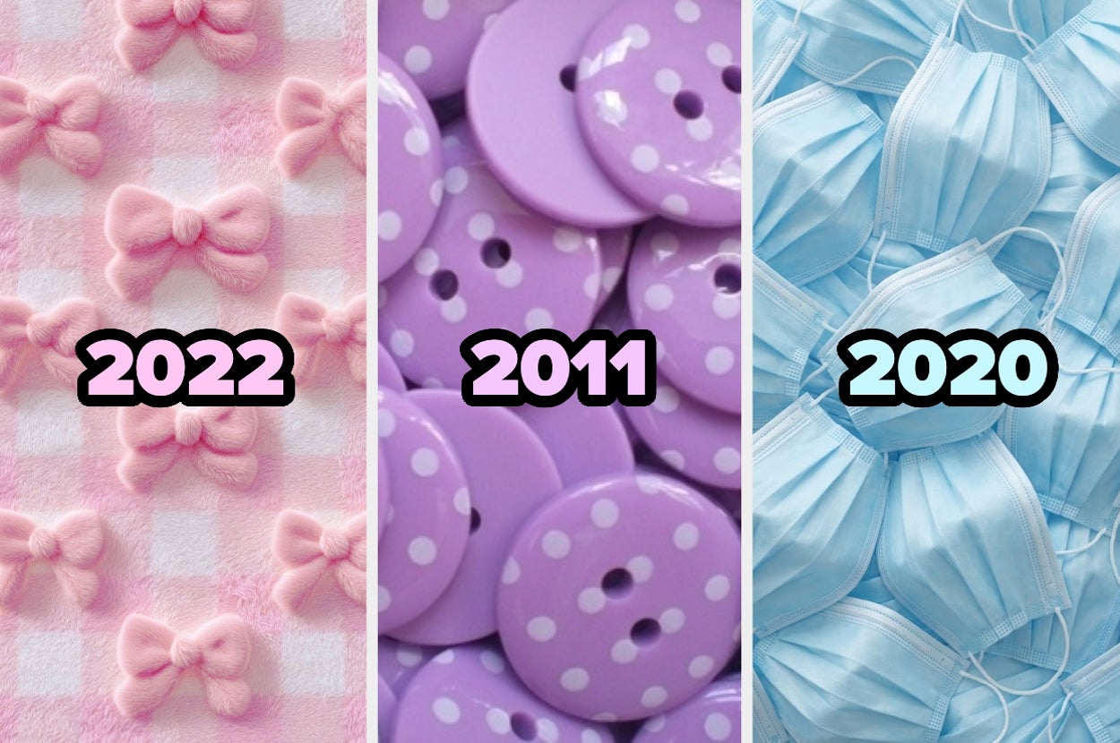 Tres imágenes comparativas: la primera tiene moños, la segunda botones y la tercera cubrebocas, cada una con los años 2022, 2011 y 2020 respectivamente