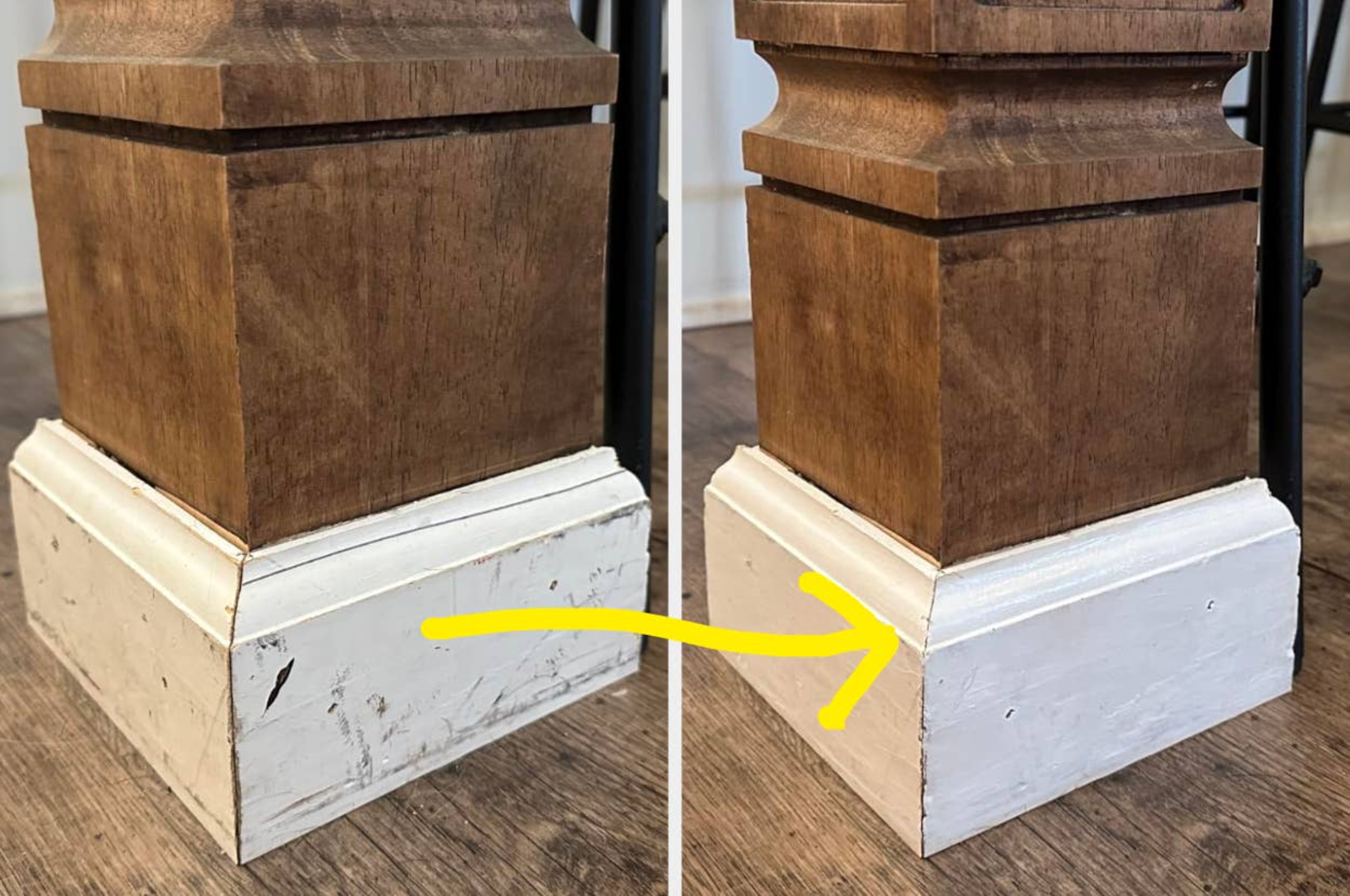 Before-and-after comparison of a wooden pedestal's base: on the left, marked and worn, and on the right, freshly painted and restored