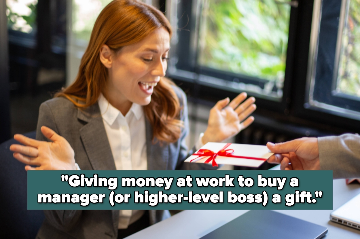 Person in an office happily receiving a gift box. Caption: "Giving money at work to buy a manager (or higher-level boss) a gift."