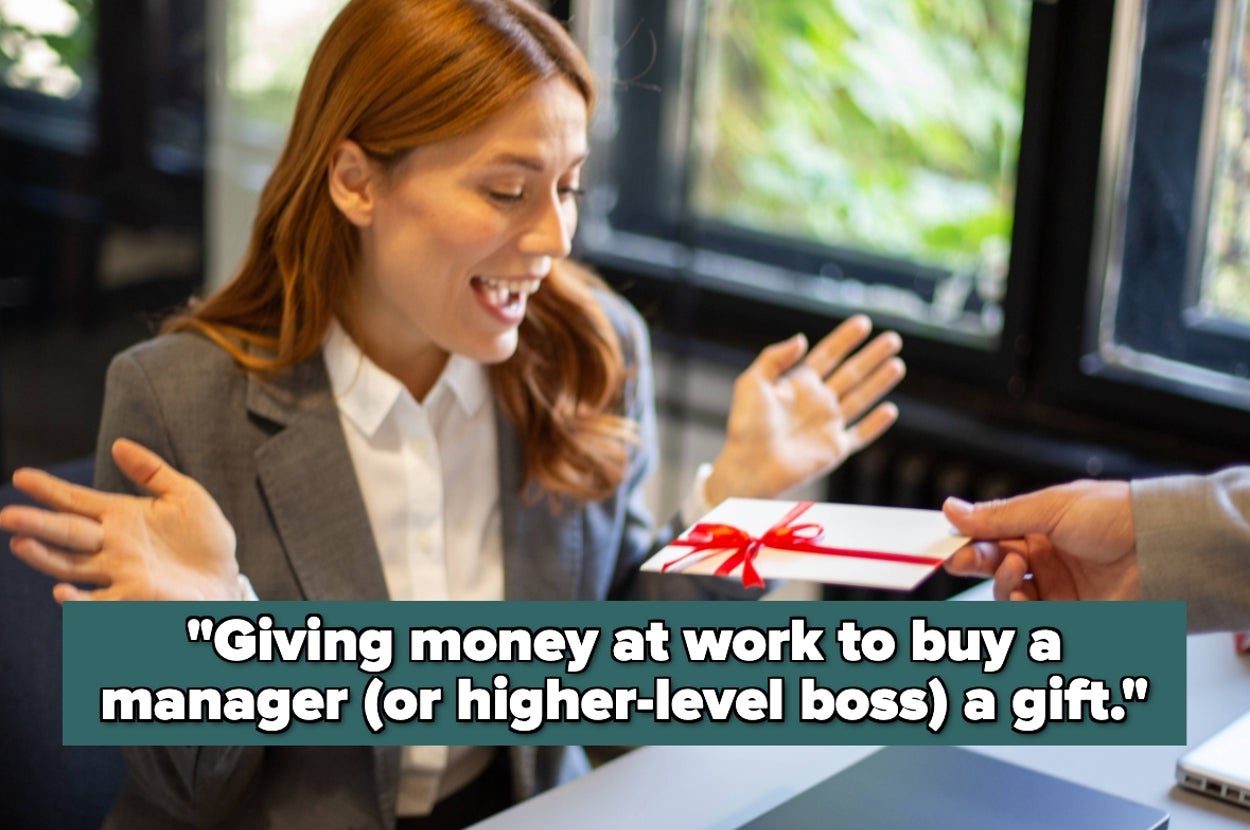 Person in an office happily receiving a gift box. Caption: "Giving money at work to buy a manager (or higher-level boss) a gift."