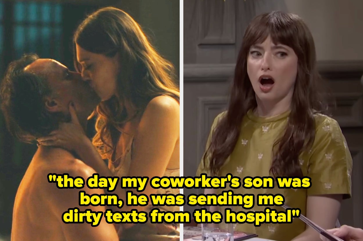 Split image: Left side shows a couple in bed. Right side shows a surprised woman at a table, next to text about a coworker’s son and texts from the hospital