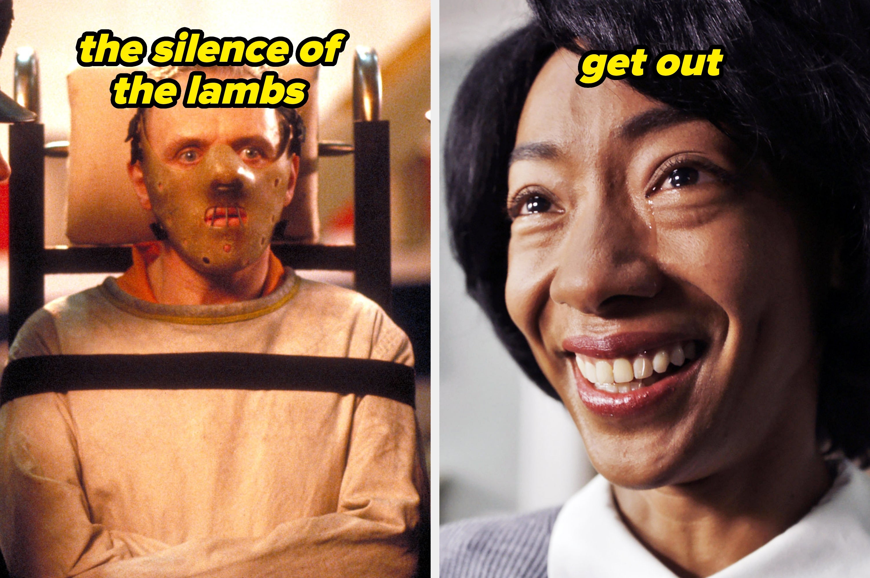 Split image: Left shows a person in a restraint mask and straightjacket; right shows a woman smiling. Context suggests TV or movie characters