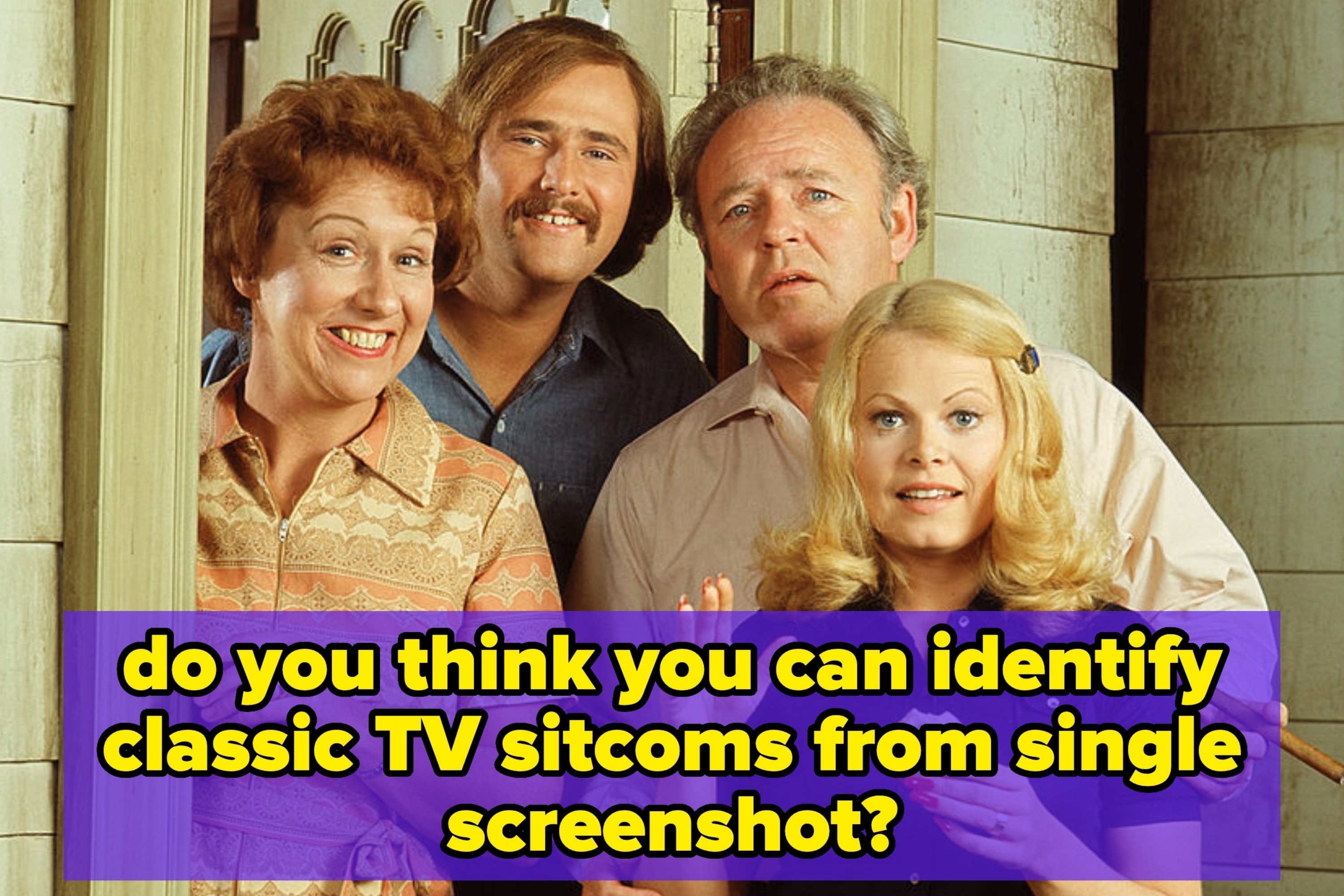 Left: Person wearing a headscarf and blazer talks on the phone. Right: Four people from a classic TV show pose at the door, smiling warmly