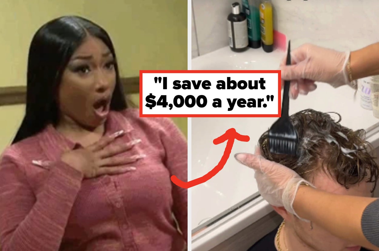 Woman in shock beside a person getting a home haircut, with text: "I save about $4,000 a year."