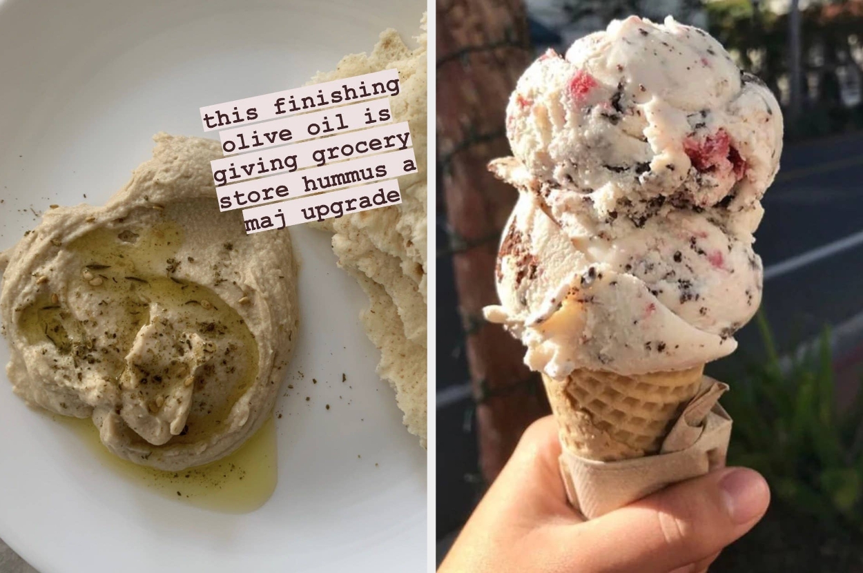 Left: Close-up of hummus with text overlay about olive oil. Right: Hand holding an ice cream cone with two scoops and visible toppings