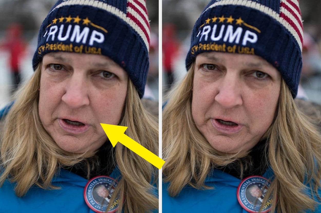 Person wearing a knitted hat with text "TRUMP, 45th President of USA," and a blue jacket. The image highlights their face with an added arrow