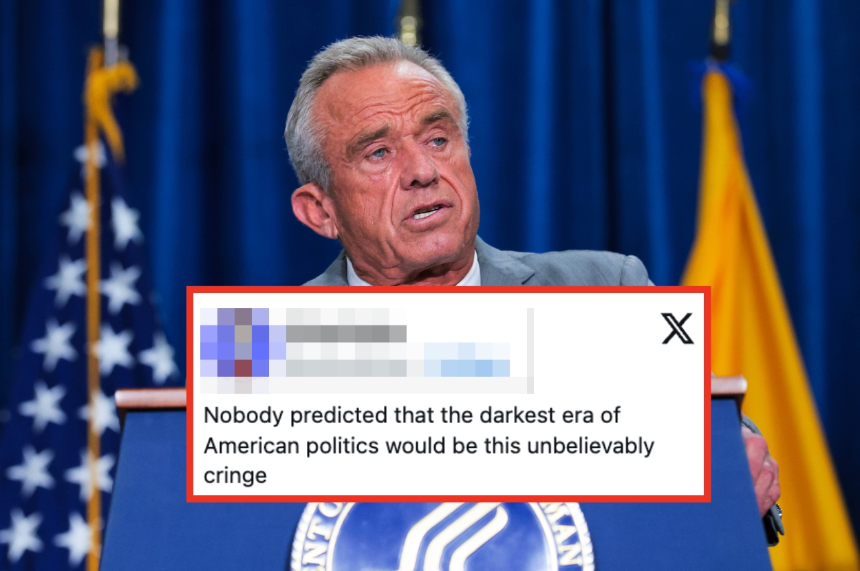 A speaker at a podium with a blurred tweet overlaying the image, commenting on the political situation