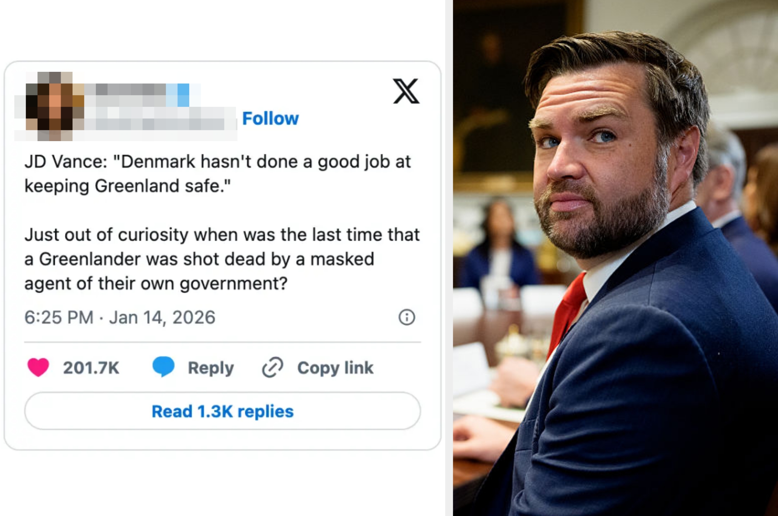 jd vance sits at a table, looking over his shoulder. Beside him, a tweet questions Greenland's safety and mentions a shooting incident