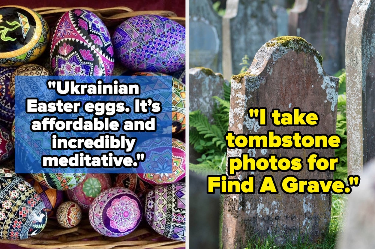 Left: Basket of intricately designed Ukrainian Easter eggs. Right: Tombstone with text discussing taking photos for Find A Grave