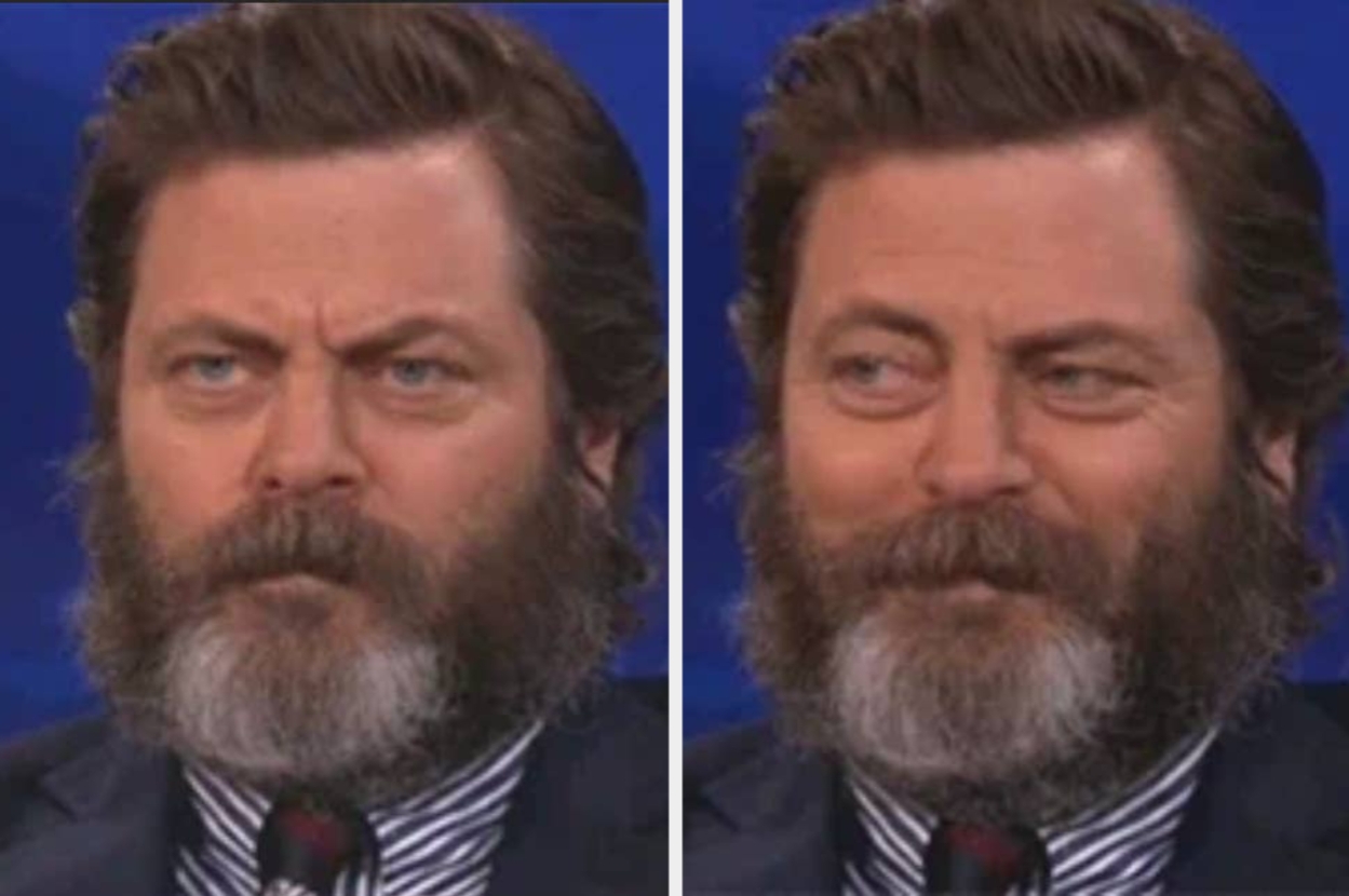 Man with a thick beard is shown in two photos, first with a serious expression and then a slight smile, wearing a striped tie and dark blazer