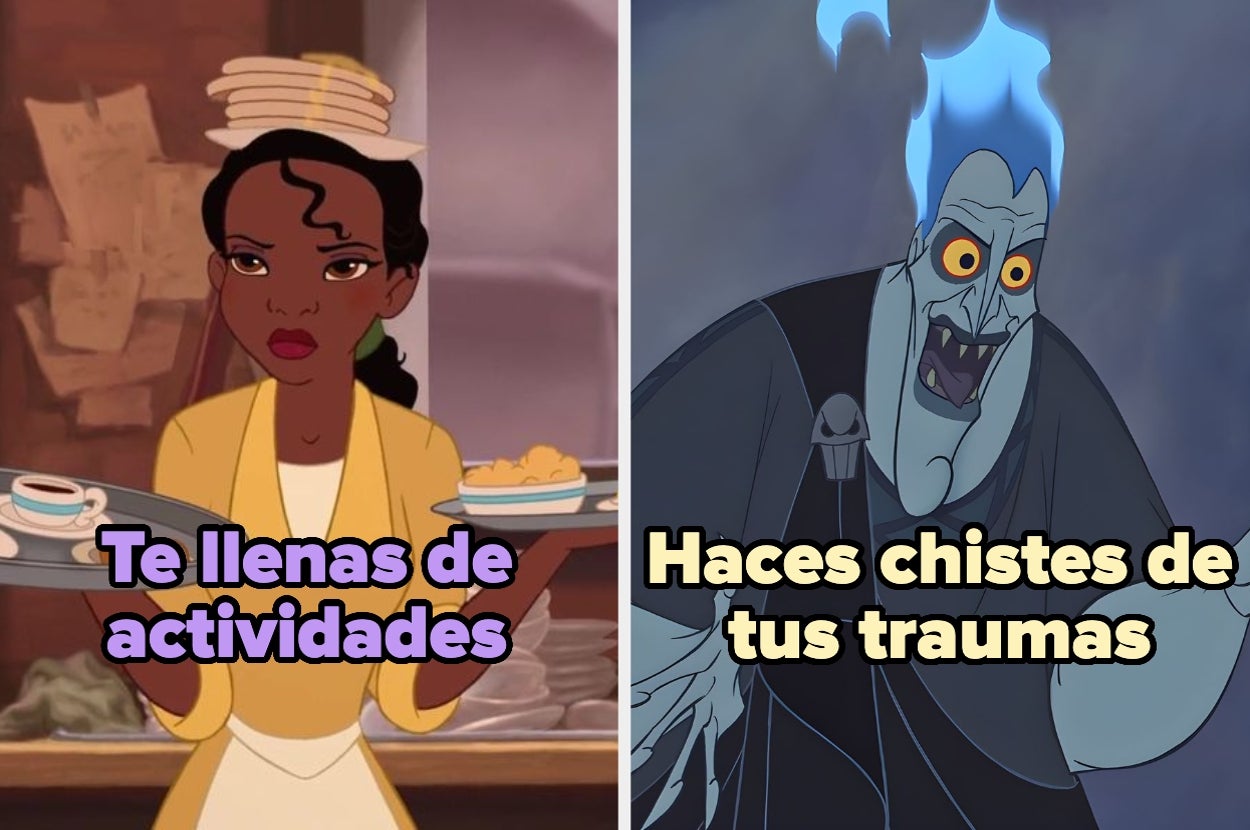 Imagen dividida: Izquierda muestra a Tiana cargando platos con texto "Te llenas de actividades". Derecha muestra a Hades sonriendo con texto "Haces chistes de tus traumas"