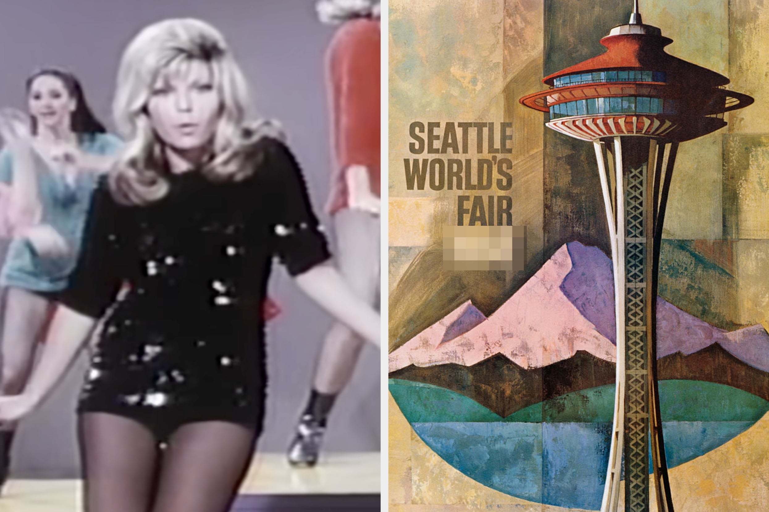 Left: Person in a 1960s dance show wearing a sequined outfit. Right: Seattle World's Fair poster featuring the Space Needle and a mountain