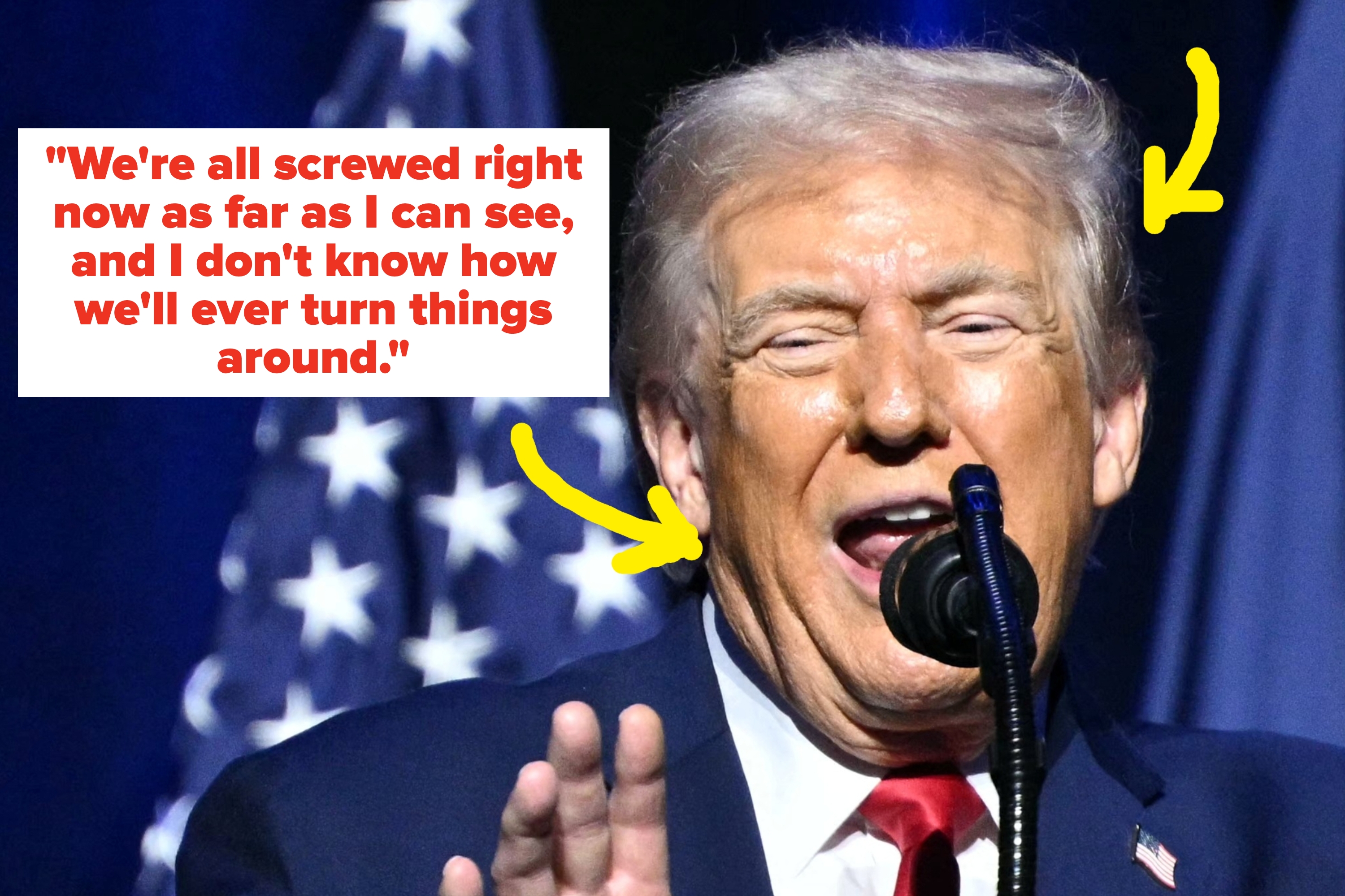 A man speaks at a podium with text reading, "Anyone who cast a vote for that defective condom is as bad as he is." American flags in background