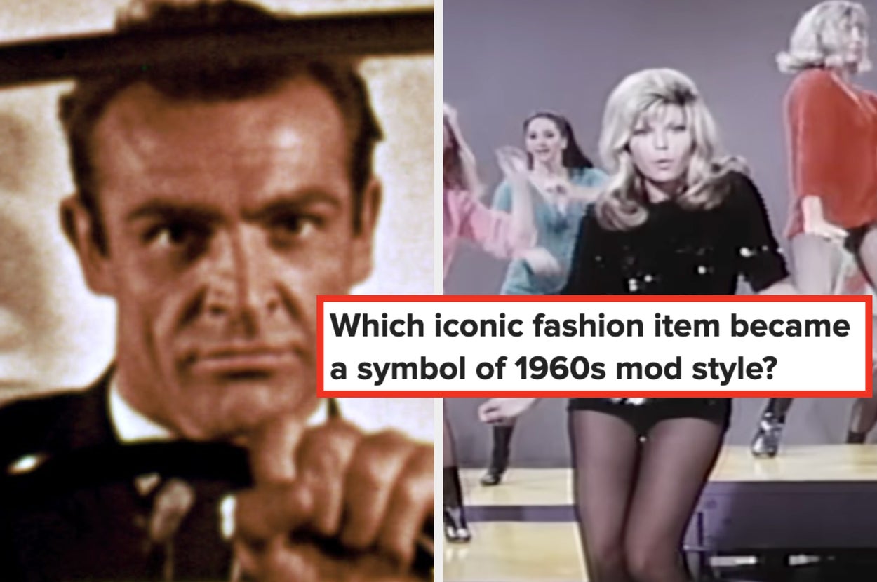 A retro collage with a man holding a bow tie and a question about 1960s mod fashion style, featuring a woman in 60s attire