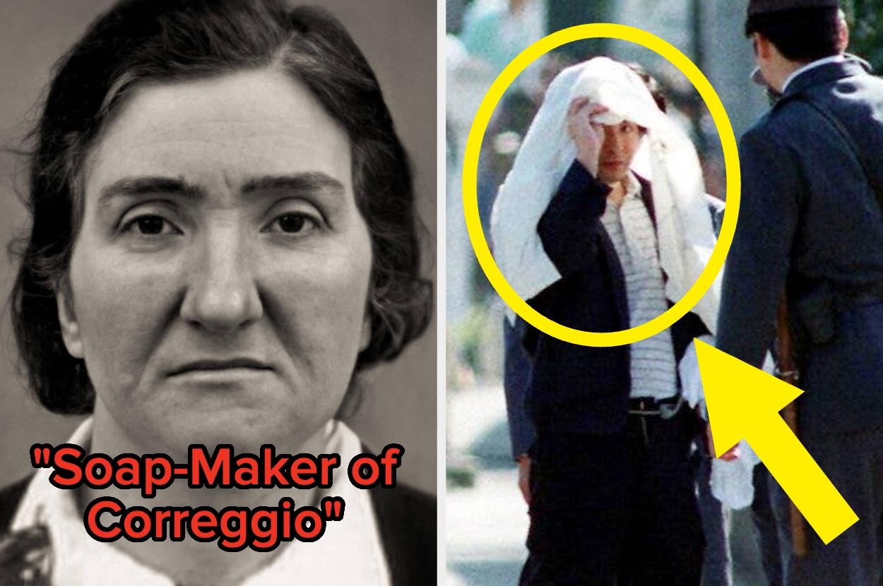 Left: Black and white photo of an unsmiling woman. Right: Man with towel on head, gesturing to face