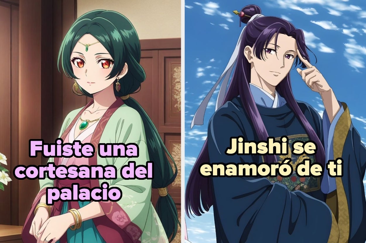 Montaje dividio de dos personajes de anime con texto: "Fuiste una cortesana del palacio" y "Jinshi se enamoró de ti"