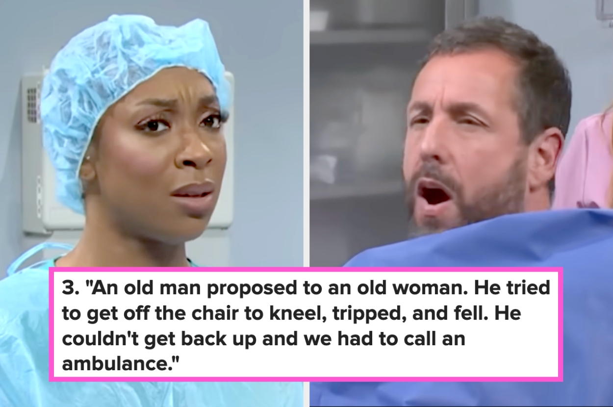 Two side-by-side images from a humorous video: on the left, a surprised person in scrubs; on the right, a person in distress while sitting. Text humorously recounts an elderly proposal gone wrong