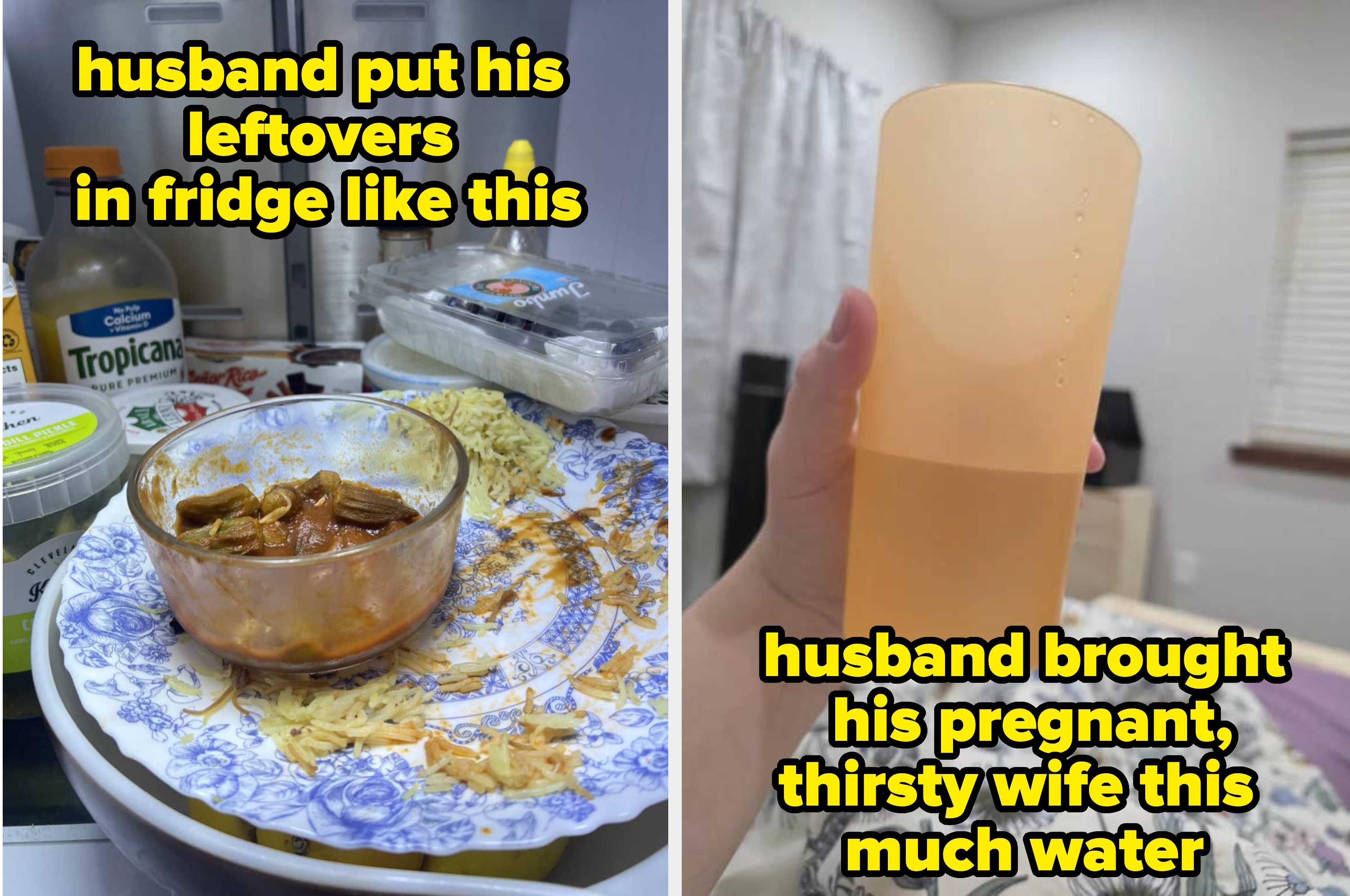 Left image shows a messy fridge with leftovers on a plate above a broken shelf. Right image shows a hand holding a tall, yellow cup