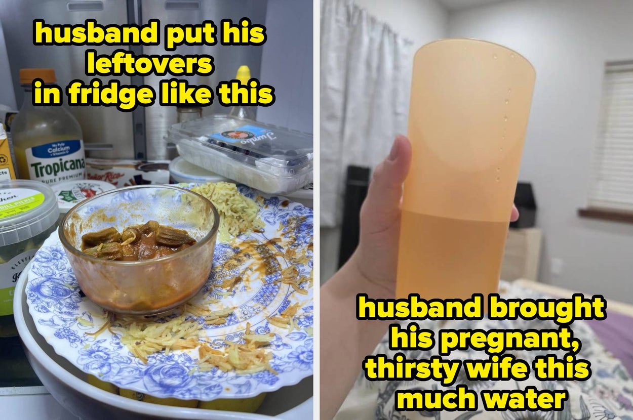 Left image shows a messy fridge with leftovers on a plate above a broken shelf. Right image shows a hand holding a tall, yellow cup