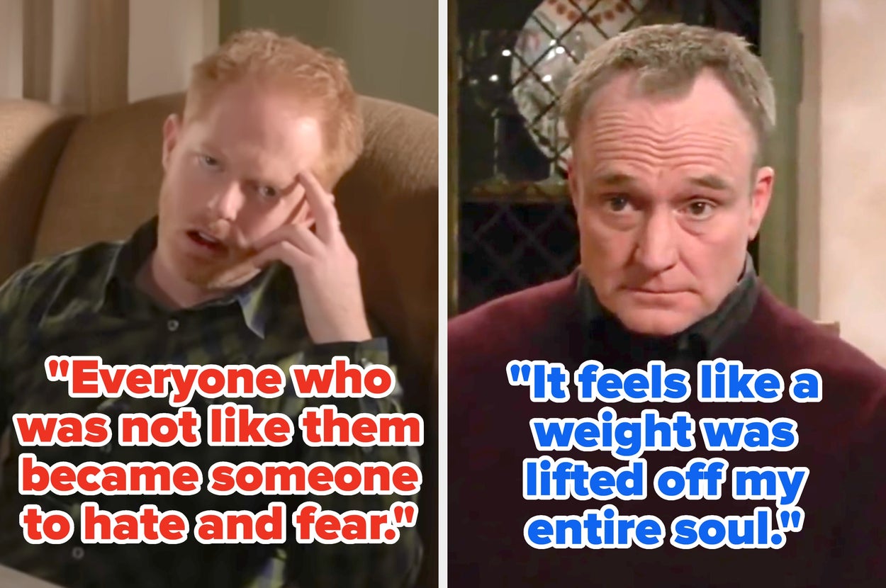 Two men seated indoors in a tense discussion. One wears a plaid shirt, the other a solid sweater. They appear focused and serious