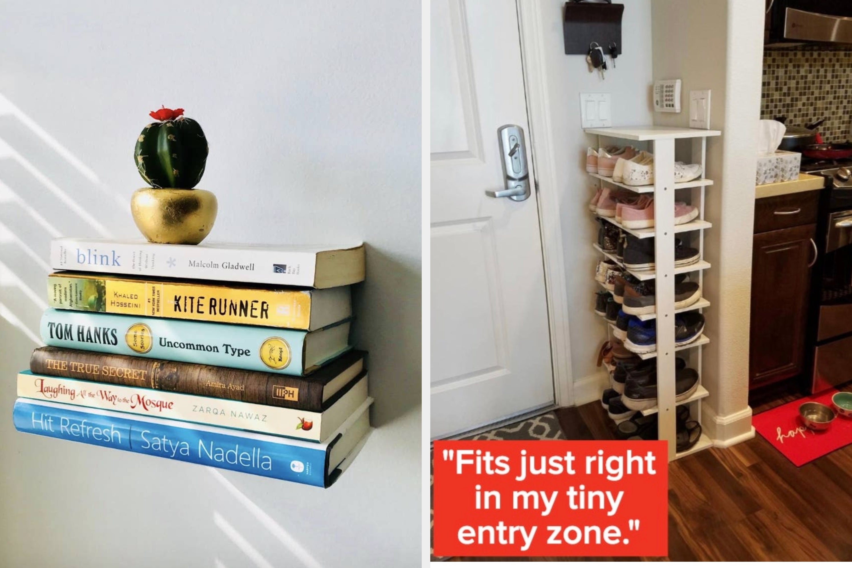 A small cactus on books; text reads "Fits just right in my tiny entry zone," showing a vertical shoe rack in a compact entryway