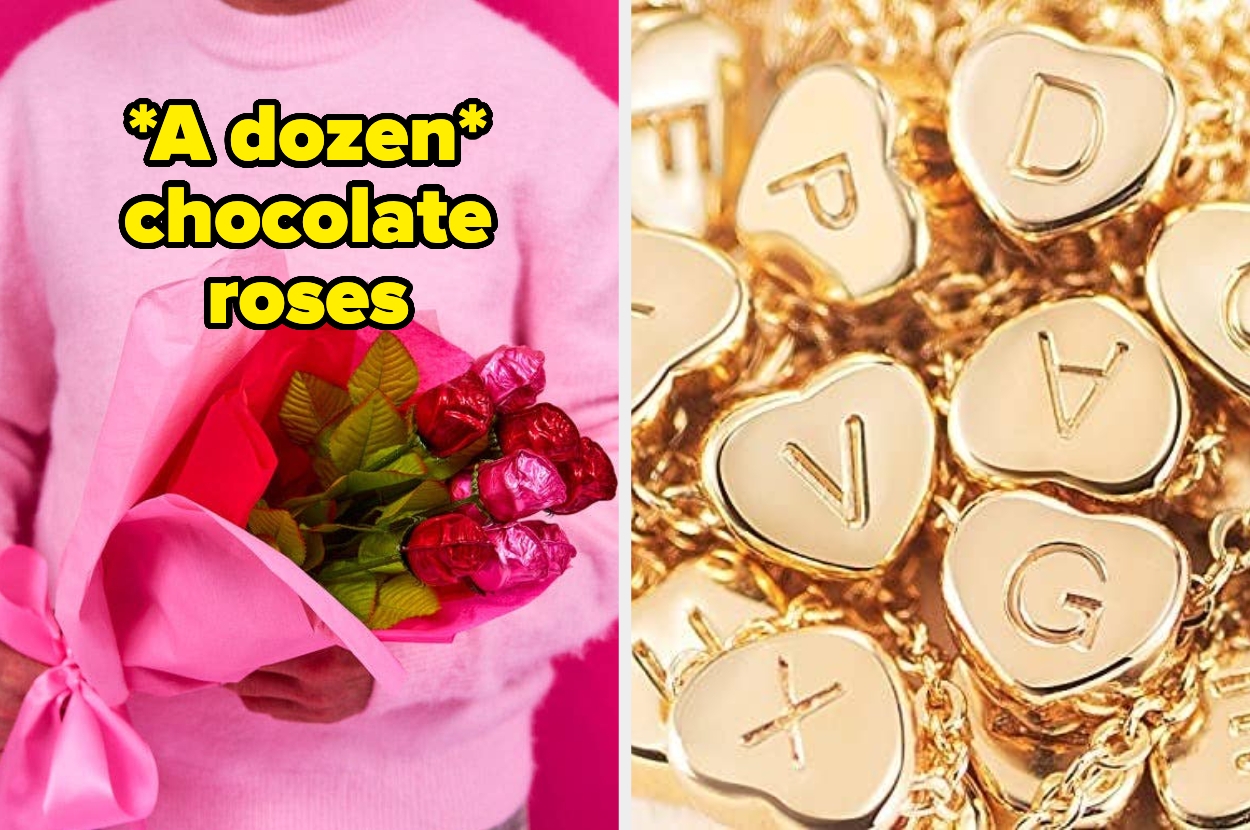 Person holding bouquet with chocolate roses; close-up of gold heart-shaped charms with engraved letters