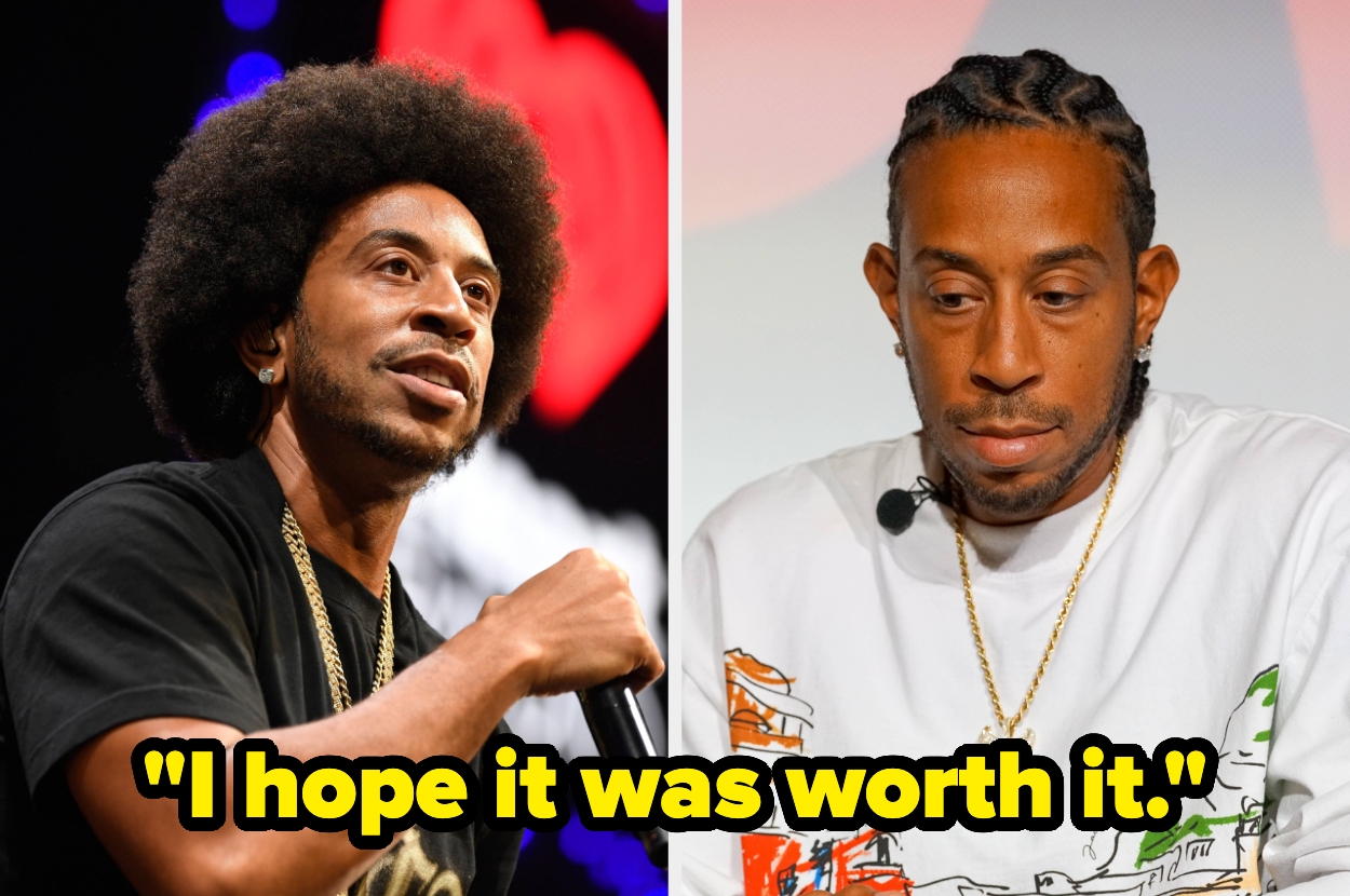 Ludacris performs onstage in a casual shirt with an afro vs Ludacris sitting pensively