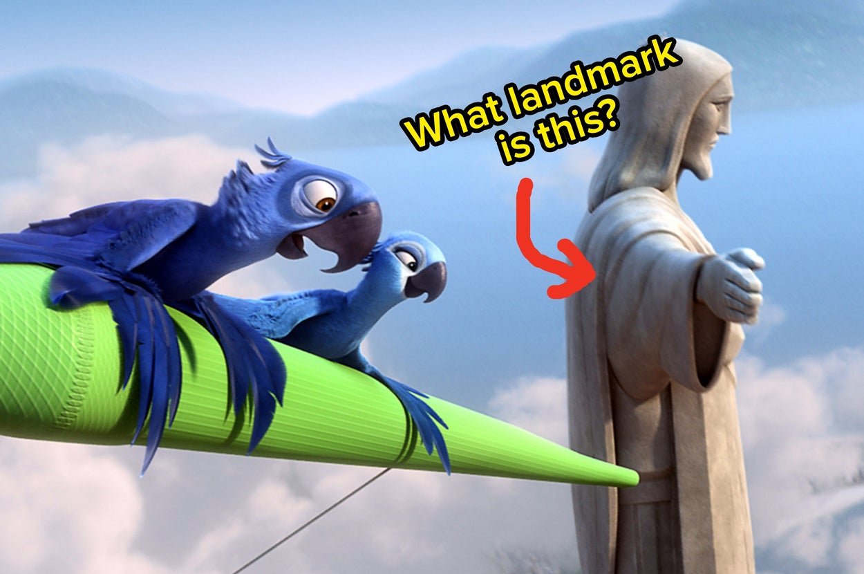 Two animated blue birds sit on a hang glider overlooking the Christ the Redeemer statue, with text asking "What landmark is this?"
