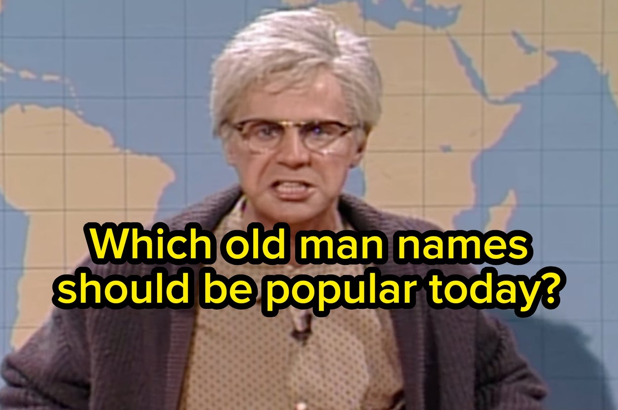 Elderly man with glasses in front of a world map asks, "Which old man names should be popular today?"