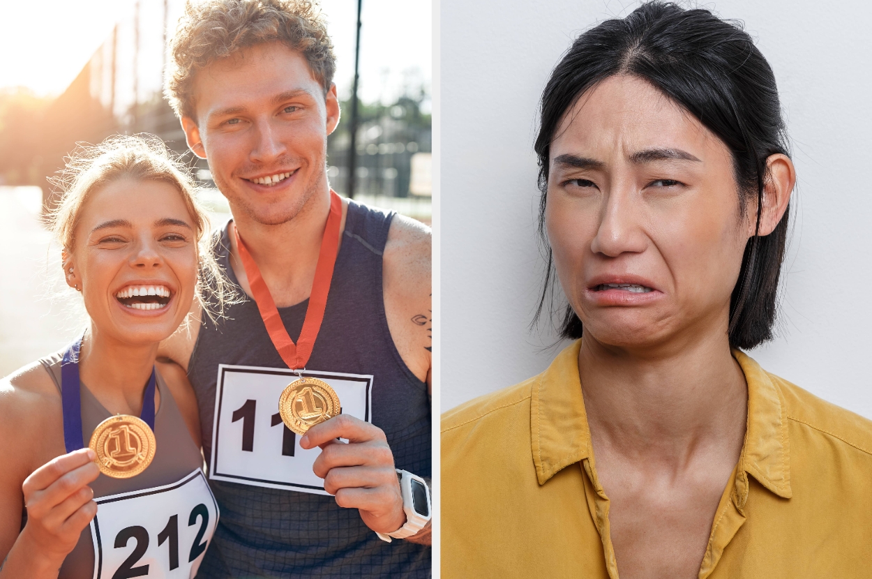Two athletes celebrate with medals; individual on the right displays a disapproving expression, contrasting the joy of the athletes