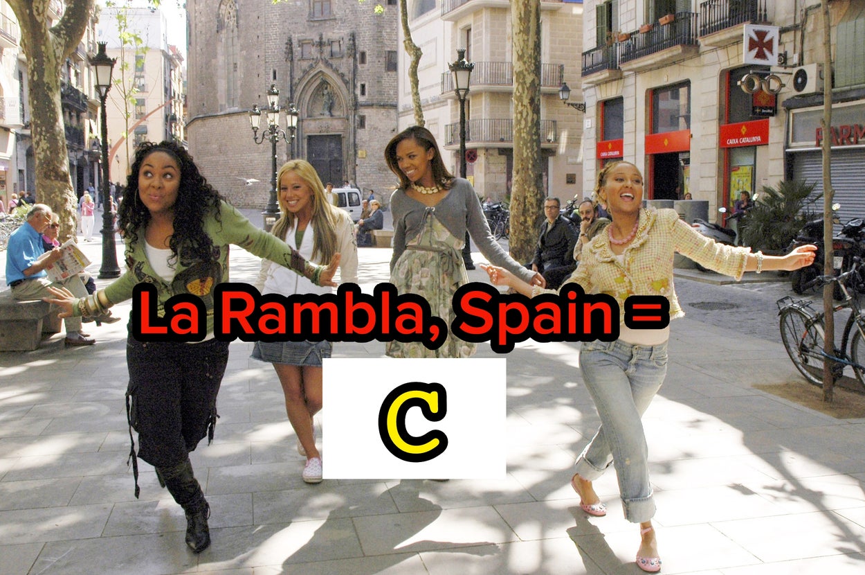 Four women joyfully pose on a street in La Rambla, Spain; large text reads "La Rambla, Spain = C"