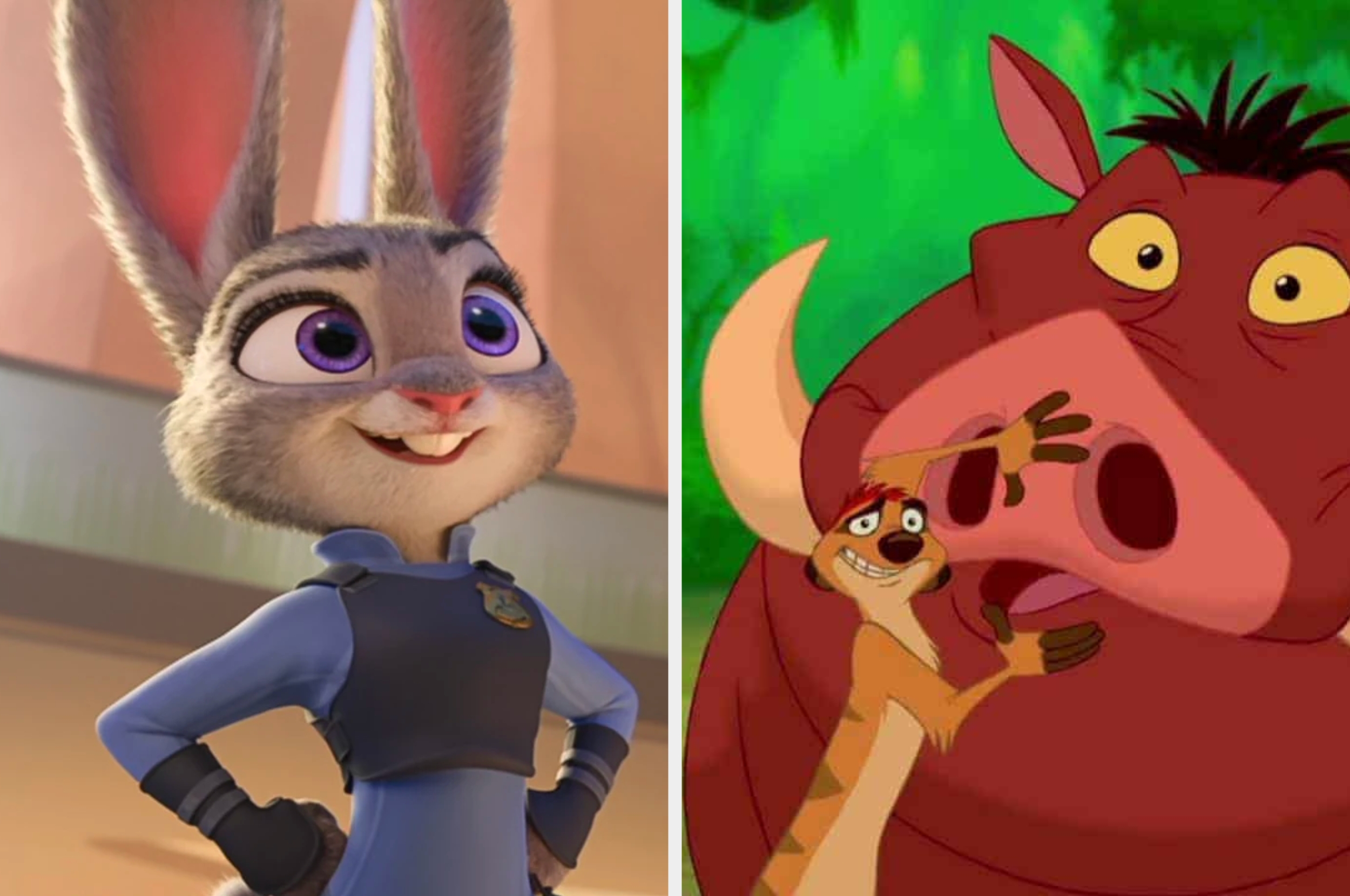Animated characters Judy Hopps from "Zootopia" and Timon and Pumbaa from "The Lion King" are side by side in this image