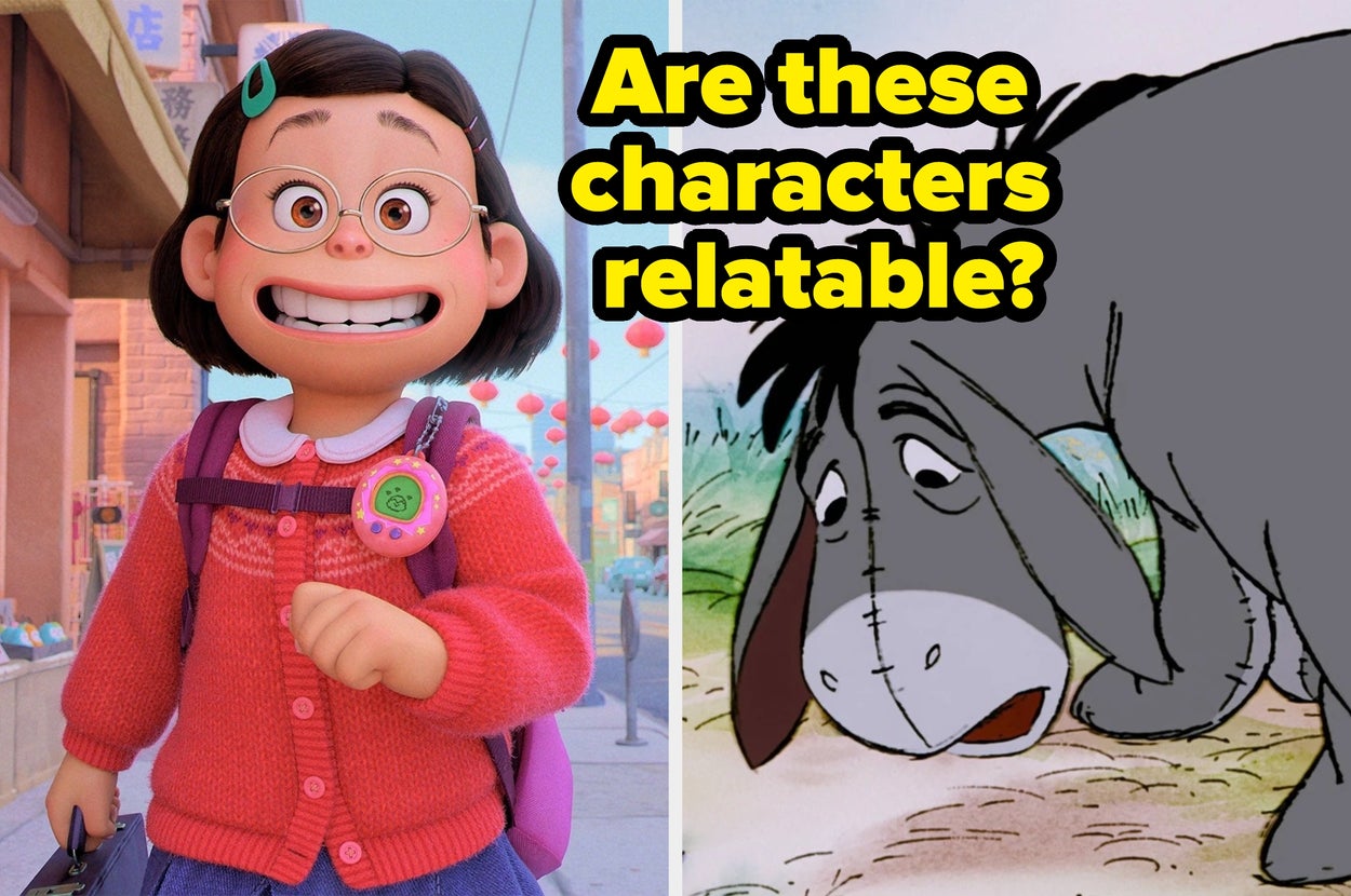Animated girl smiling in a city; Eeyore, a donkey, looking down. Text asks if these characters are relatable