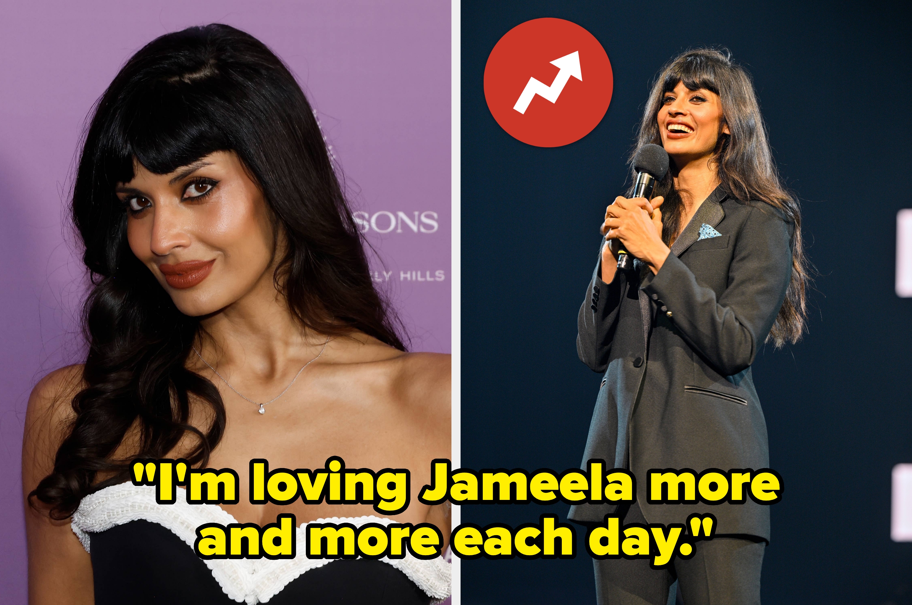 Jameela Jamil in a strapless dress at an event vs Jameela Jamil with a microphone in hand while speaking onstage in a suit