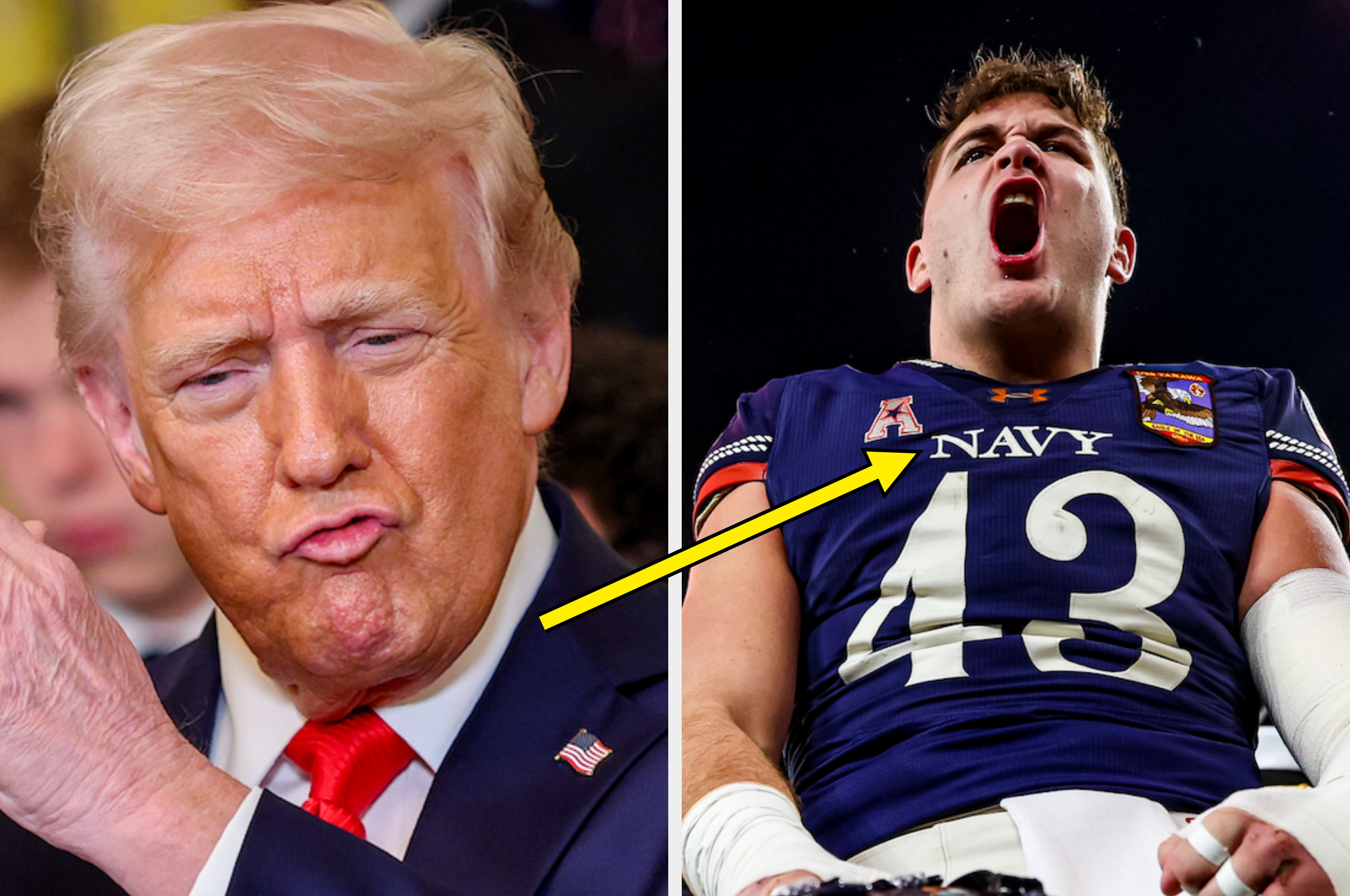 Two-part image: Left shows a person with pouting expression; right shows a Navy football player celebrating with a helmet