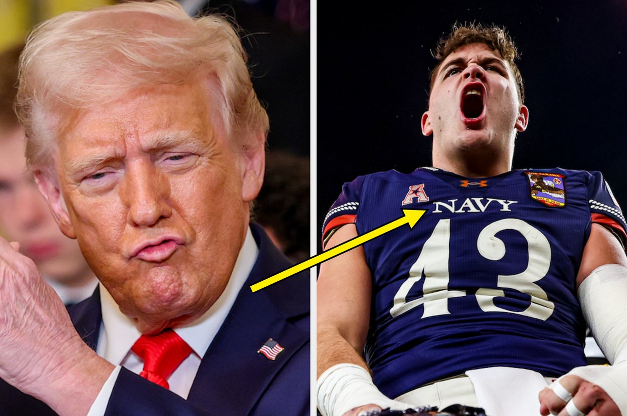 Two-part image: Left shows a person with pouting expression; right shows a Navy football player celebrating with a helmet