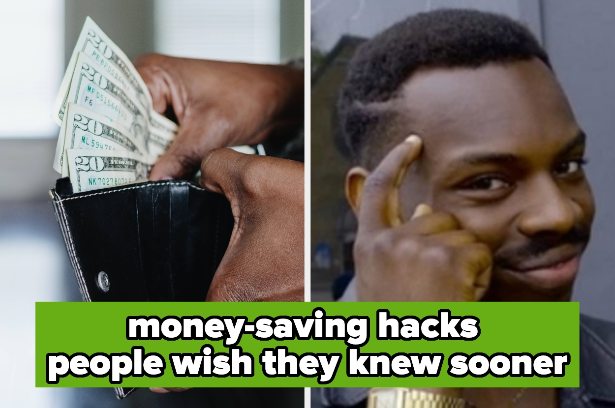 Split image of a person putting dollar bills in a wallet and a man pointing at his head, text overlay: "money-saving hacks people wish they knew sooner"