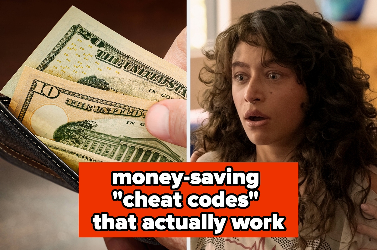 Split image of a wallet with various dollar bills and a woman with a shocked expression, text overlay: money-saving "cheat codes" that actually work