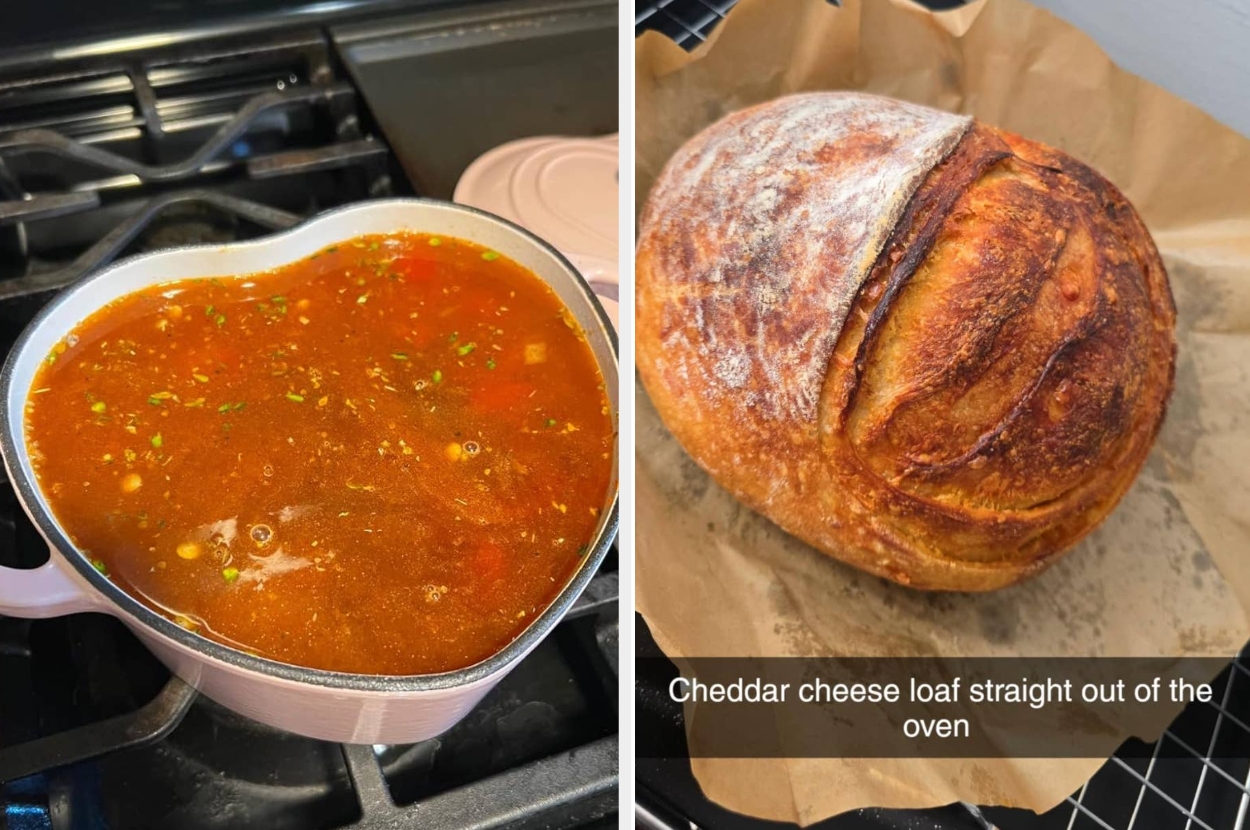 Heart-shaped pot of soup on the stove and fresh cheddar cheese loaf on parchment paper