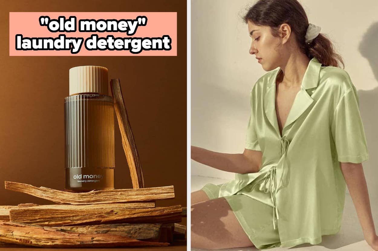 Bottle of "Old Money" laundry detergent beside a model in silky sleepwear, illustrating luxury and elegance for the Shopping category
