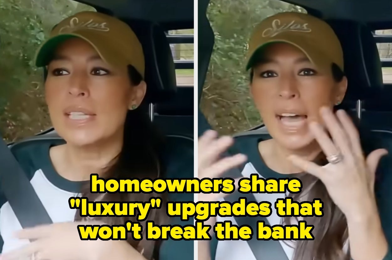 Split image of a woman wearing a baseball cap, text overlay: homeowners share "luxury" upgrades that won't break the bank
