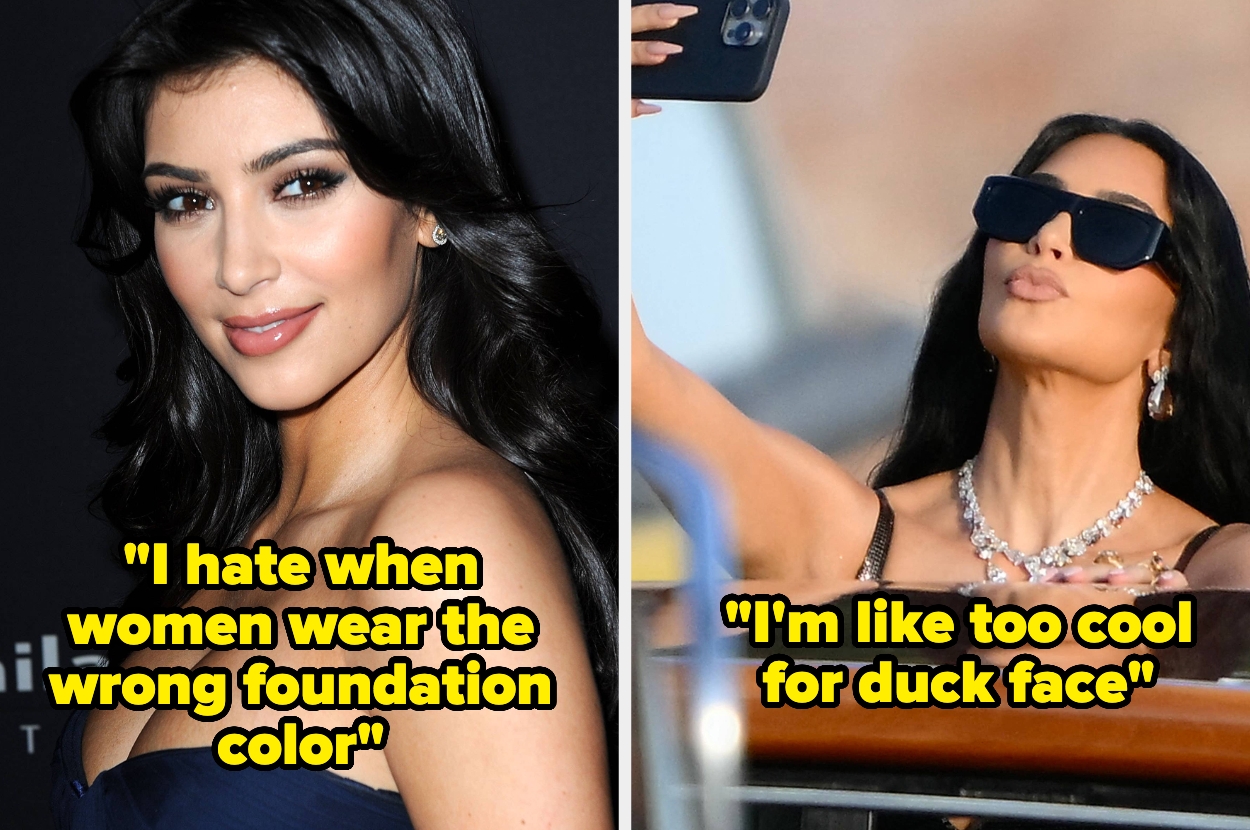 Two images: Left, a person smiling with text about foundation color. Right, the same person taking a selfie with text mocking duck face poses