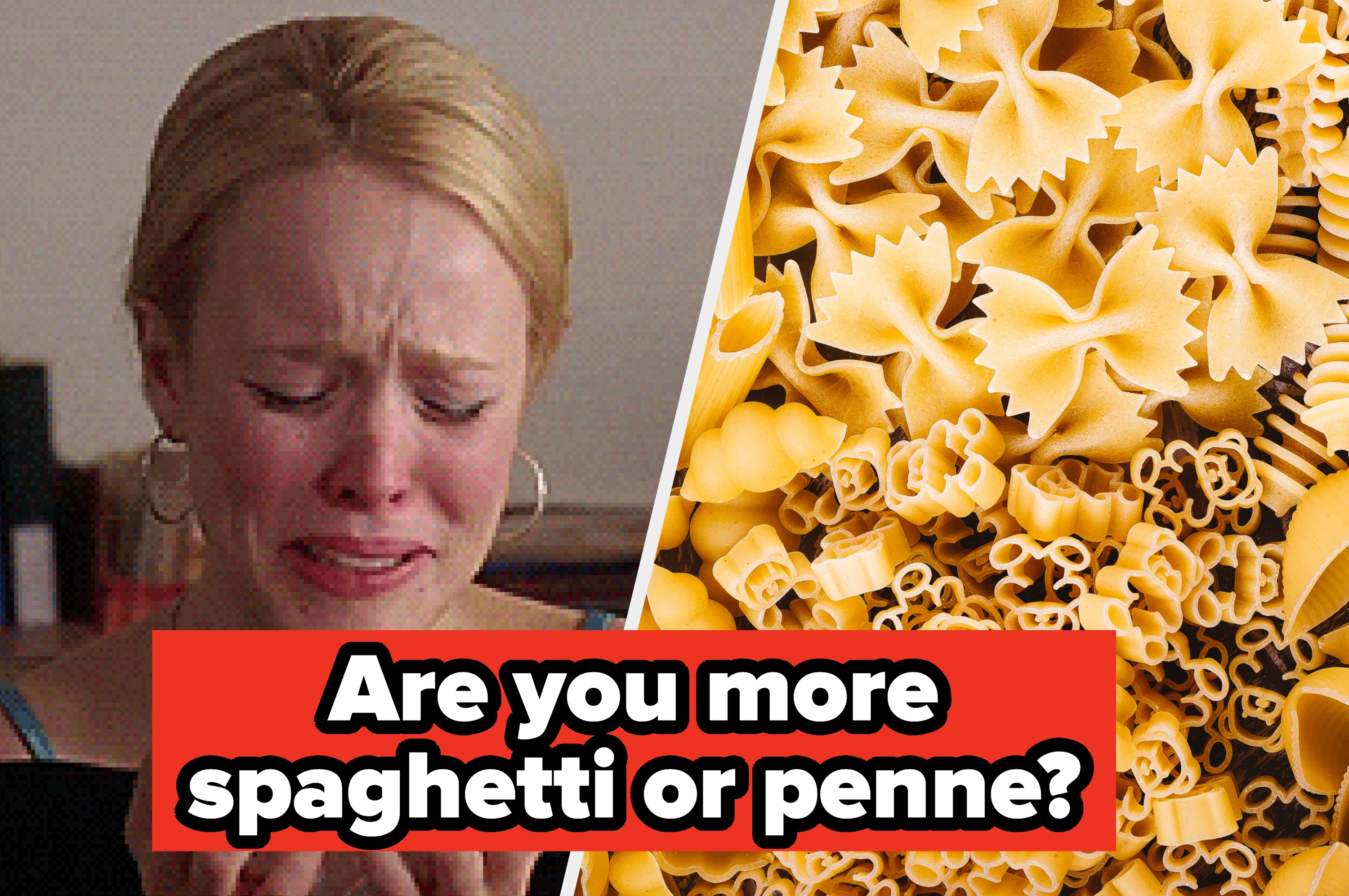 Person crying while holding a tissue next to an assortment of dry pasta shapes; text asks, "Are you more spaghetti or penne?"